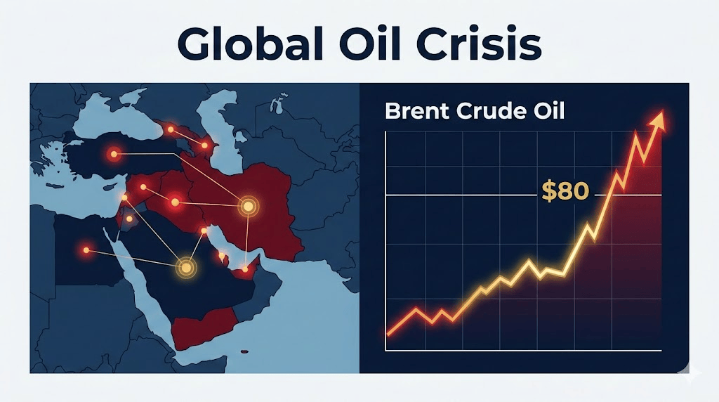 Cinematic representation showing the US-Israel Attack on Iran Impact on Crude Oil, featuring a rising financial chart and Middle East map.