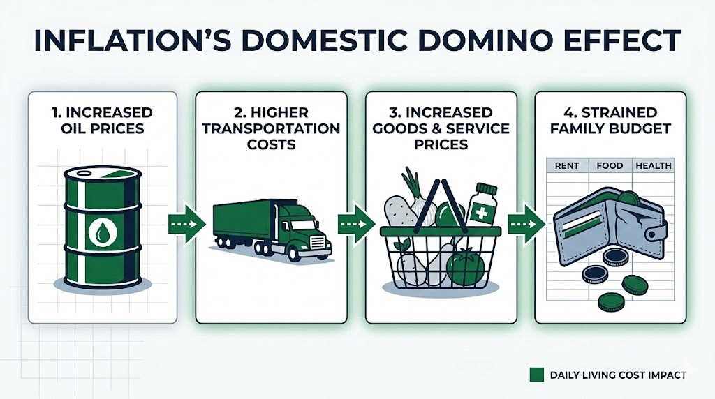 Flowchart demonstrating how expensive crude oil increases transportation costs, leading to higher prices for daily vegetables and household budgets.