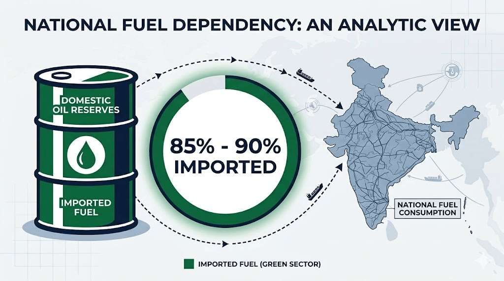 Infographic showing India imports 80 to 90 percent of its crude oil requirements from the international market.