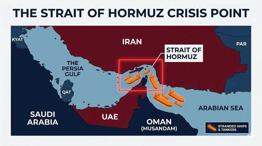 Map of the Strait of Hormuz showing stranded cargo ships and oil tankers due to the Middle East geopolitical crisis.