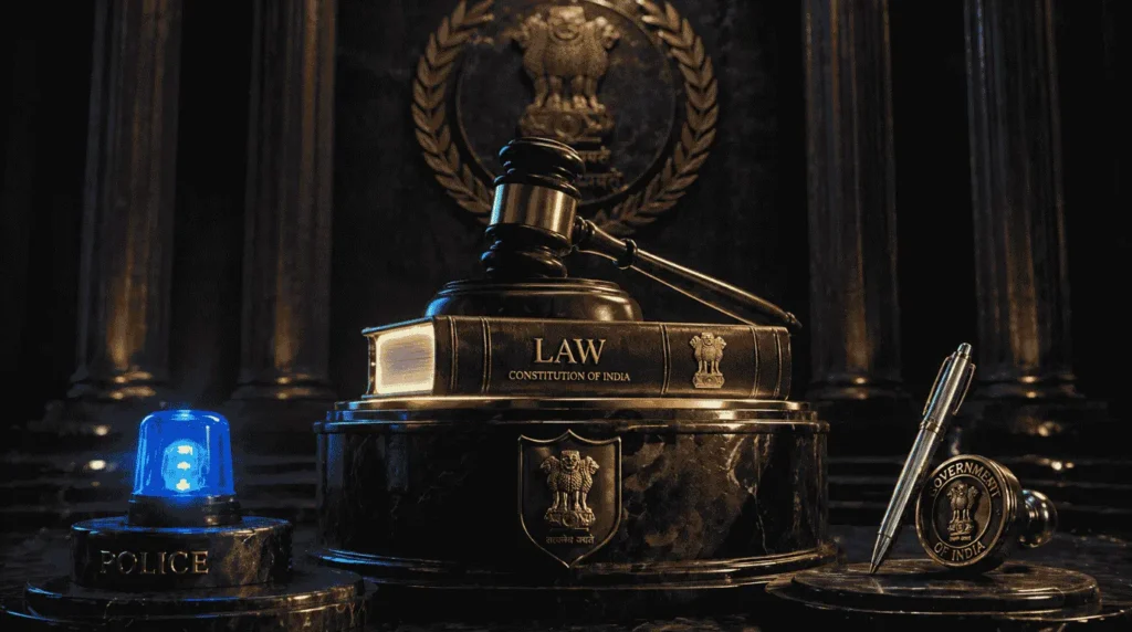 3D conceptual render showing the Bijnor power hierarchy, featuring a judge's gavel placed above a police siren and government pen, representing the District Judge's supreme authority.