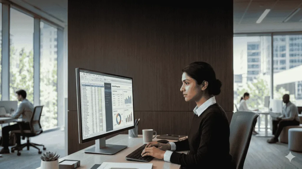 Student typing in a corporate office representing computer application courses after 10th.