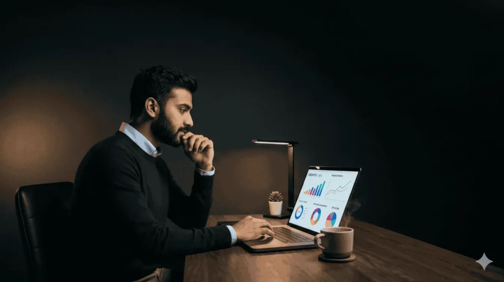 Professional working on SEO analytics, representing digital marketing courses after 10th.