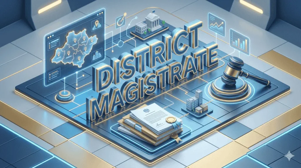 3D infographic featuring the text District Magistrate, illustrating the administrative powers of the highest-ranking among the top officers in Bijnor.