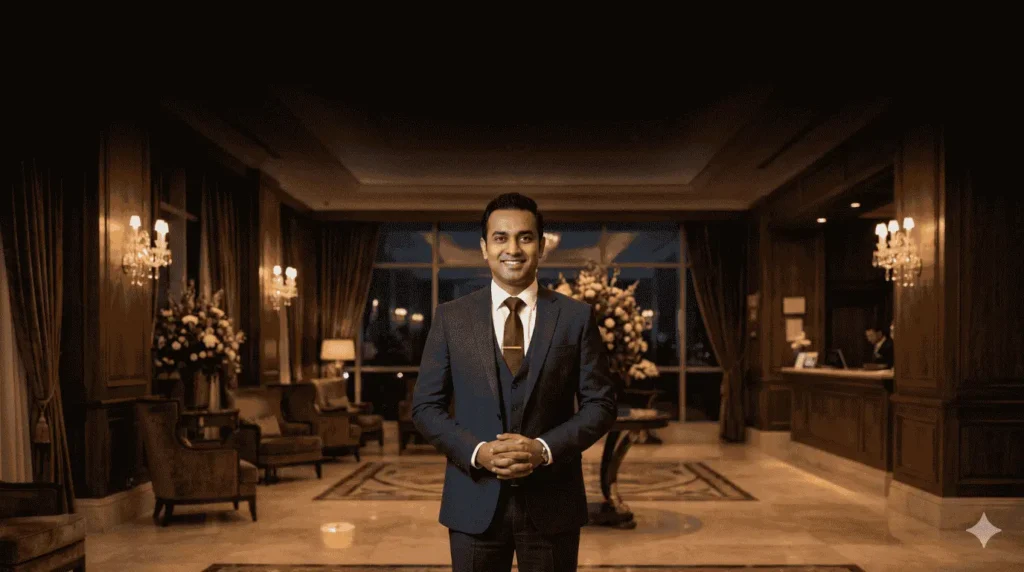 Elegant professional in a luxury hotel lobby representing hospitality courses after 10th.