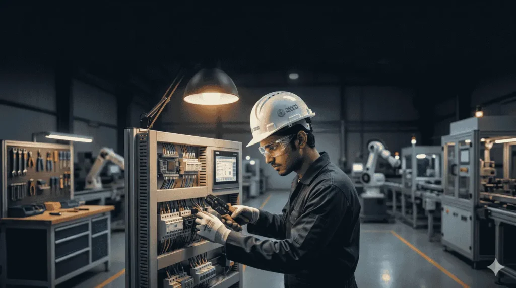 Professional working with factory machinery, showcasing ITI training courses after 10th.