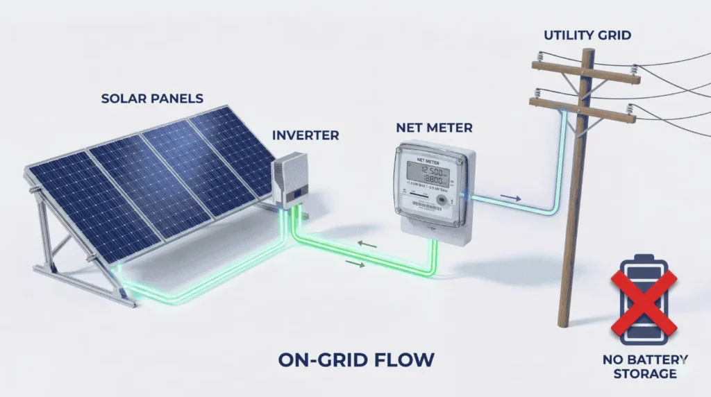 Diagram explaining on-grid solar system connection with net metering and no battery backup.