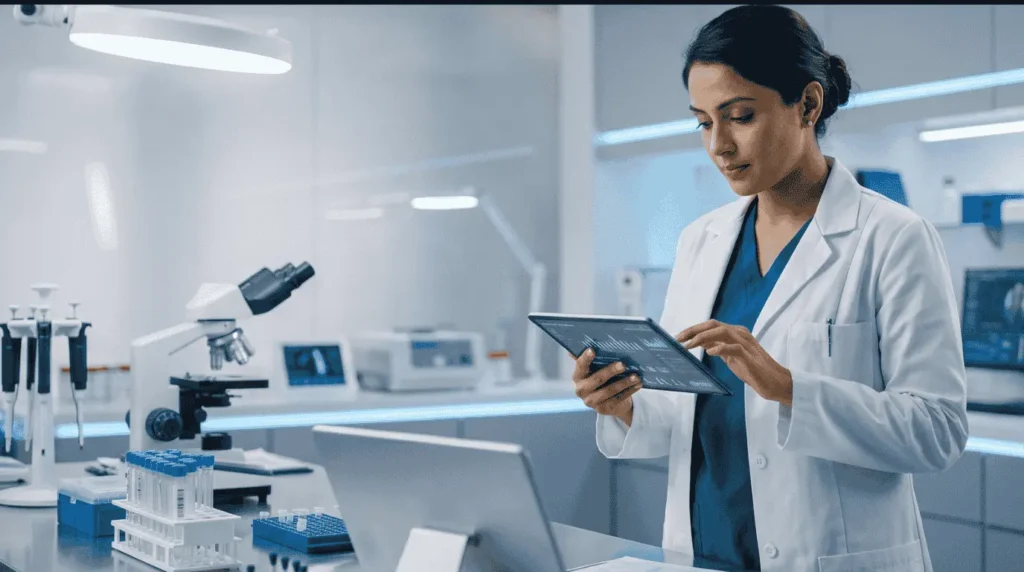 Healthcare professional in a clinical lab, highlighting medical diploma courses after 10th.