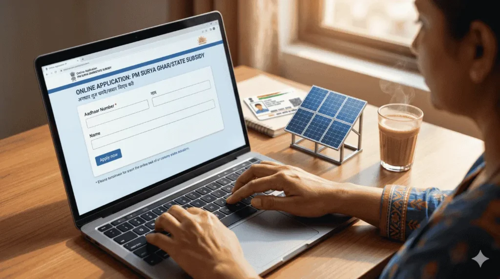 Person applying for PM Surya Ghar Muft Bijli Yojana online using a laptop at home.