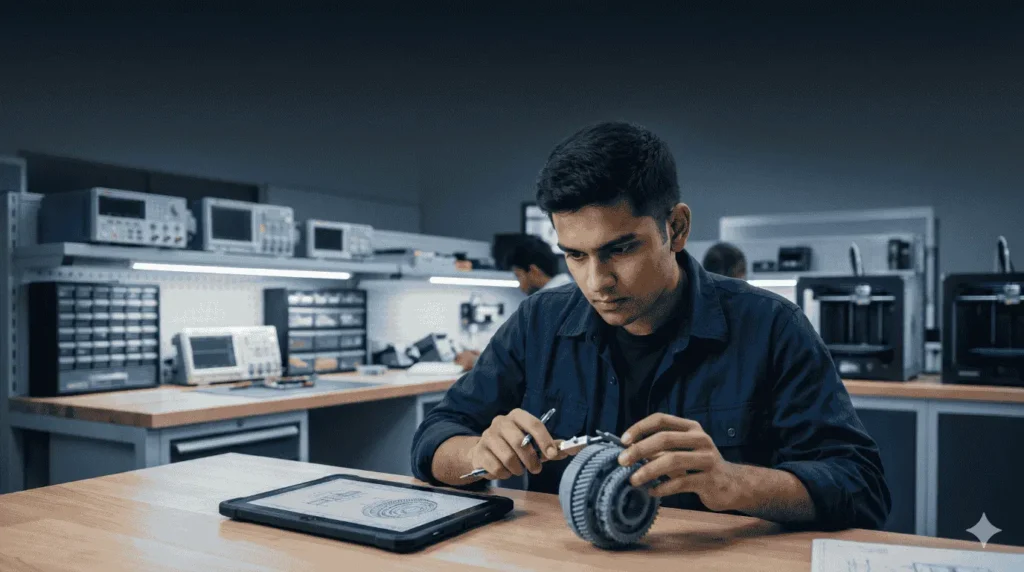 Engineering student working in a modern lab, representing polytechnic diploma courses after 10th.
