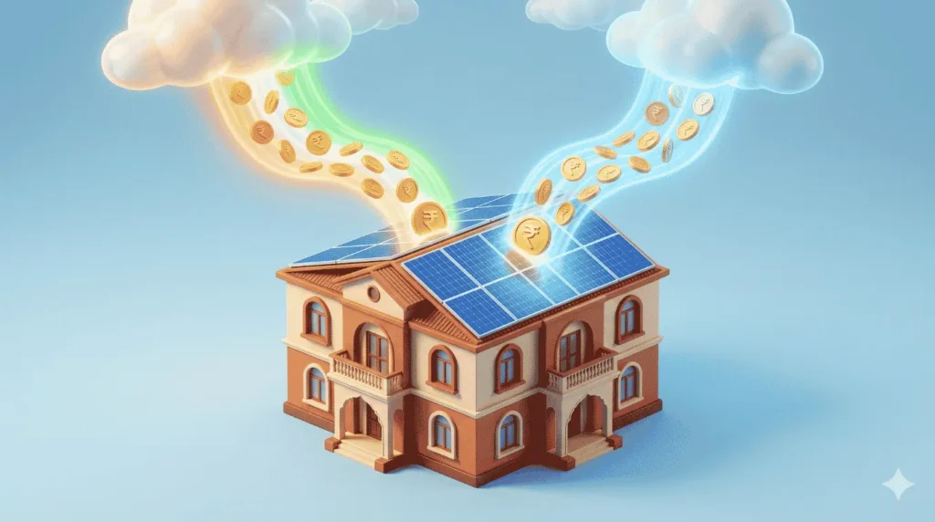 Conceptual illustration of central and UP state double subsidy benefits for rooftop solar panels.