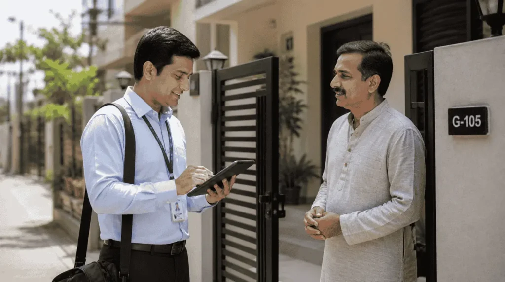 Government enumerator using a digital tablet to securely record housing details during the Makan Survey 2026 in India.