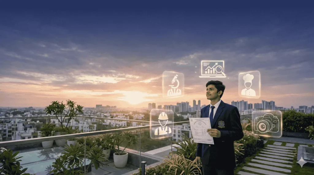 A confident UP Board student exploring the best job-oriented courses after 10th to build a successful career.