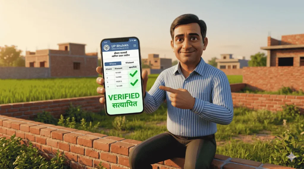Detailed view of an Indian man in a striped shirt sitting on a property boundary wall in a new colony, happily looking at his smartphone which displays a stylized user interface of the UP Bhulekh portal (Hindi text), indicating successful Bijnor property verification online.