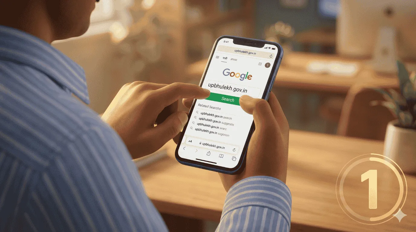 An Indian man with a striped shirt holding a phone showing a search for 'upbhulekh.gov.in', the first step of Bijnor property verification online.