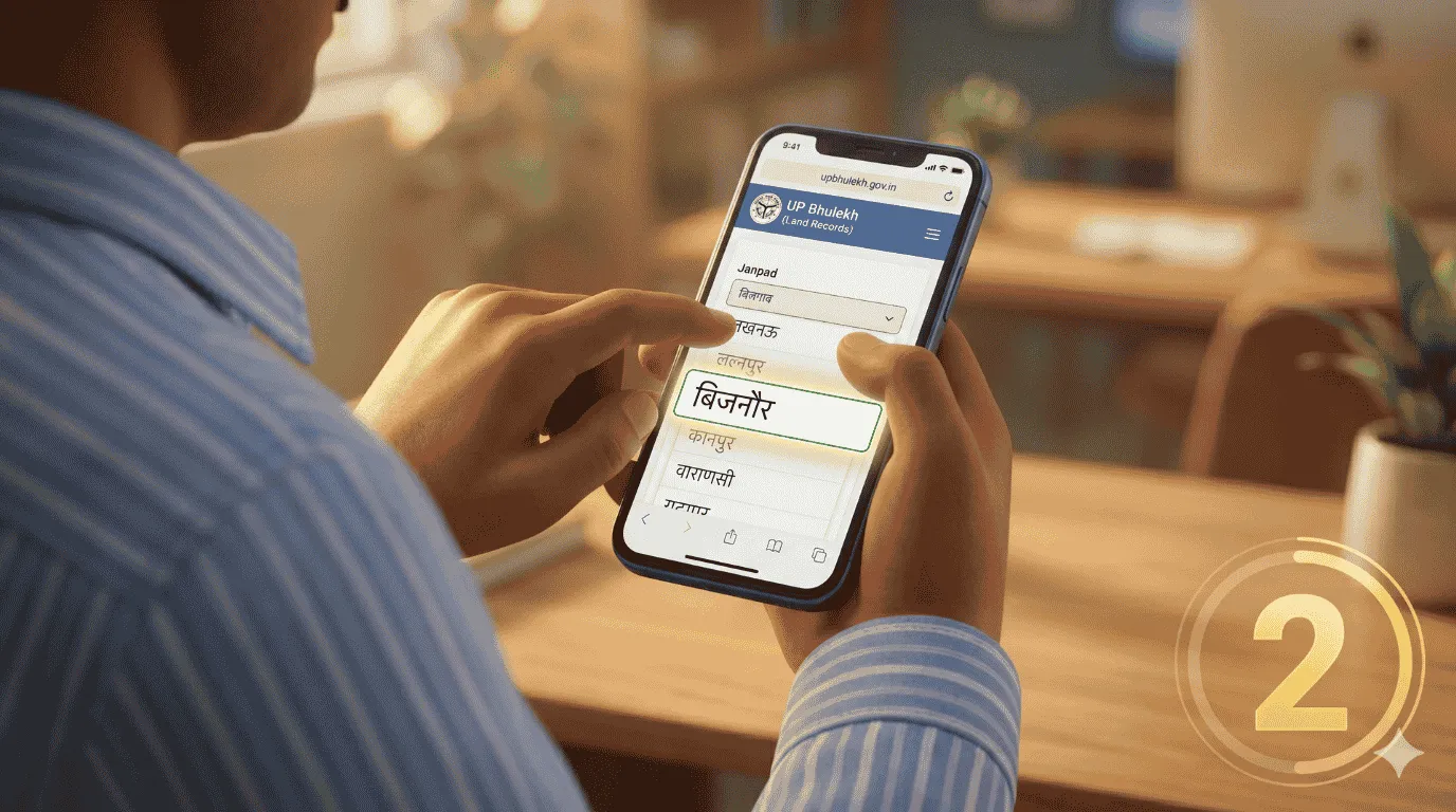 Over-the-shoulder 3D render view of a smartphone screen showing the UP Bhulekh portal with the district list and 'Bijnor' highlighted, continuing the Bijnor property verification online.