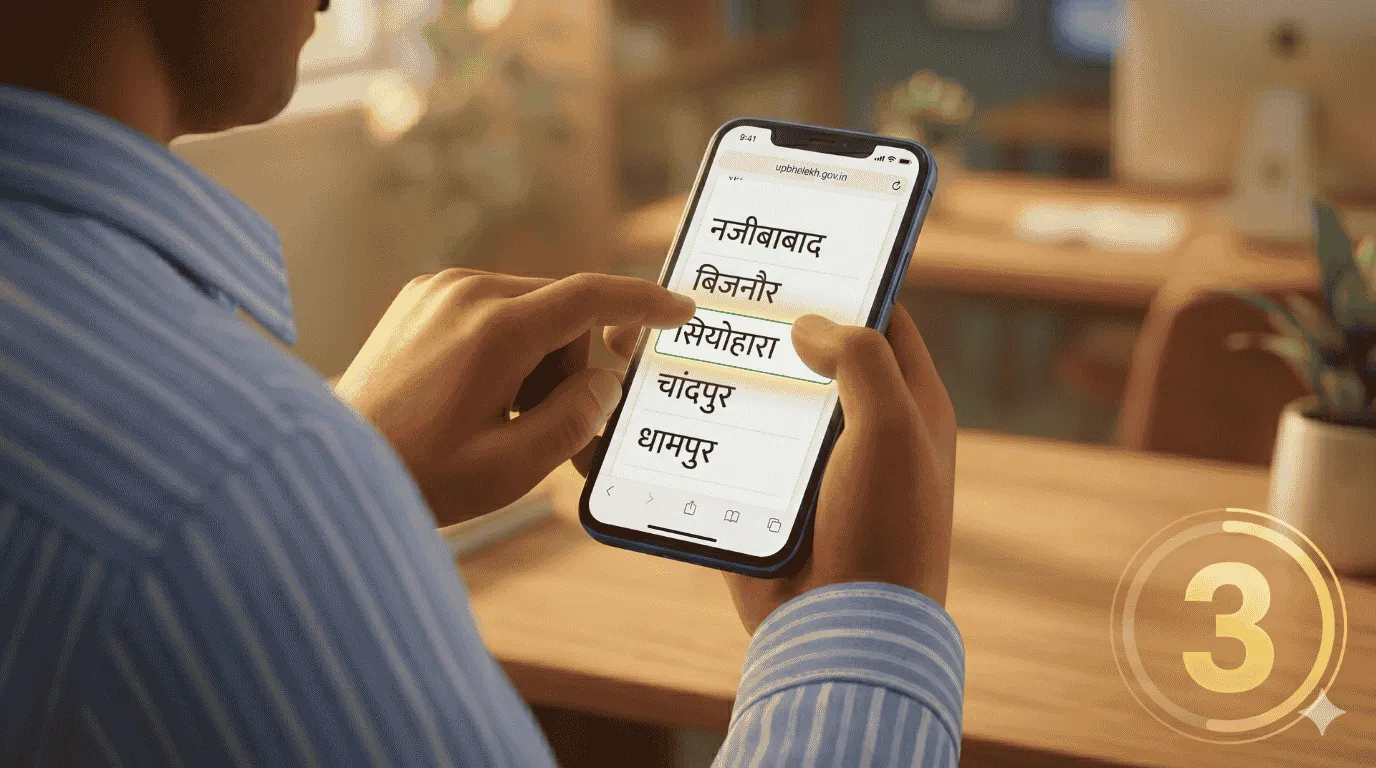 Close-up of an Indian man's finger tapping a Tehsil name on his phone, part of the UP Bhulekh land record search for Bijnor property verification online.
