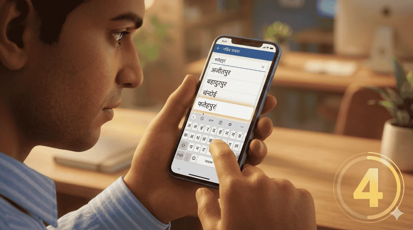 The Indian man (consistent striped shirt character) concentrating on his phone screen to select a village name using the Hindi keyboard, step 4 of Bijnor property verification online.