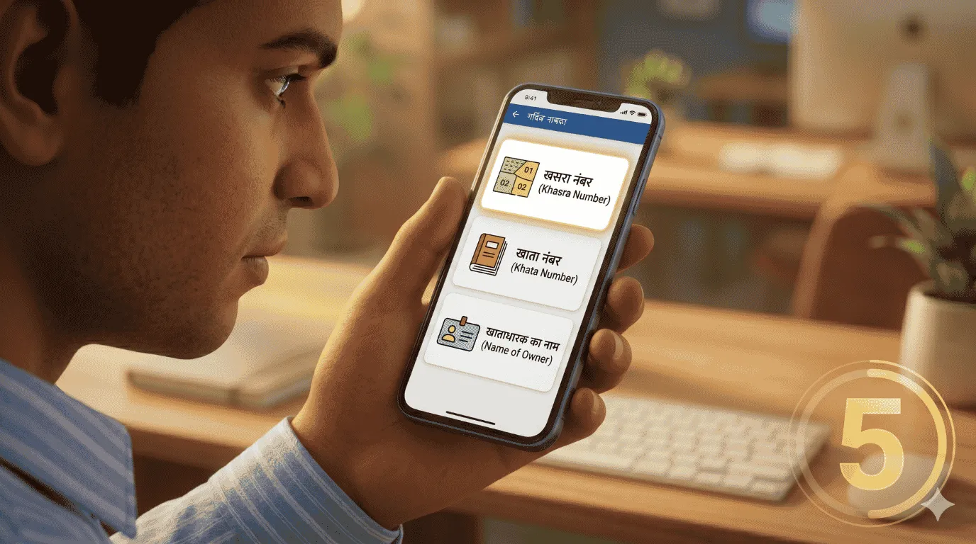 A detailed view of a phone screen with three options (Khasra, Khata, Name) and the 'Khasra Number' option glowing with selection, for Bijnor property verification online.
