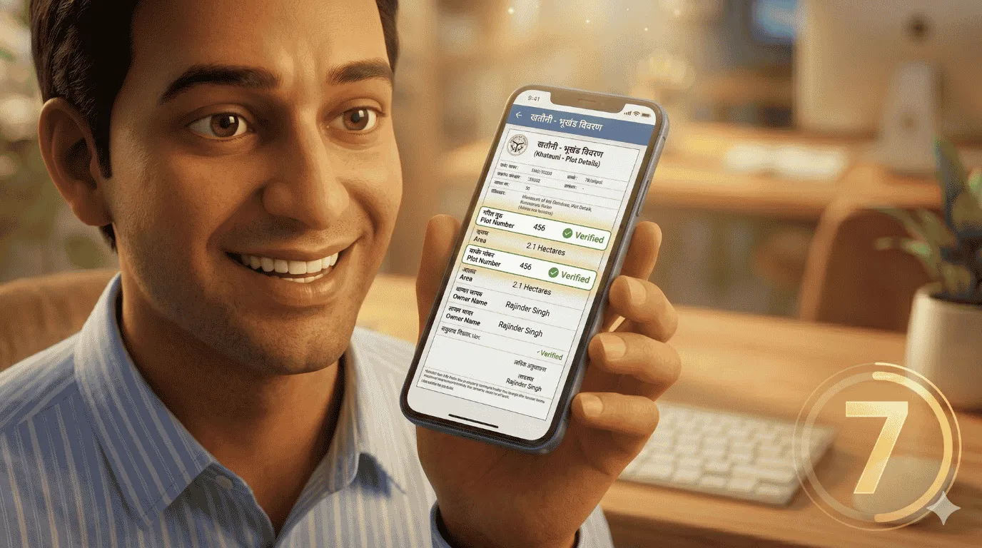 A smiling and relieved Indian man holding his phone showing the full, verified Khatauni document (land records) with green checkmarks, the last step of Bijnor property verification online.