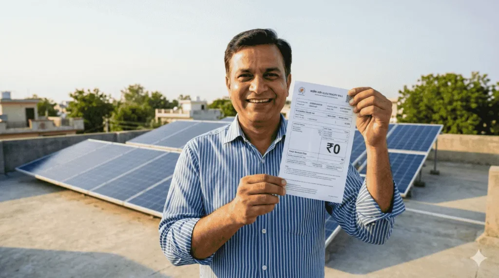 Happy Indian man showing a zero electricity bill after installing solar panels under PM Surya Ghar Muft Bijli Yojana.