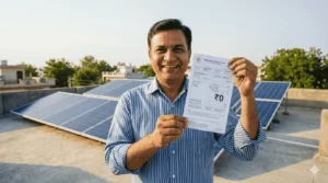 Happy Indian man showing a zero electricity bill after installing solar panels under PM Surya Ghar Muft Bijli Yojana.