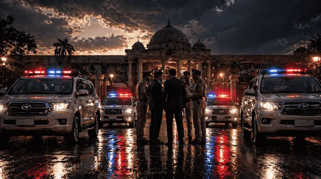A cinematic view of the district headquarters showing the top officers in Bijnor, including IAS and IPS officials, discussing administrative matters near official vehicles.